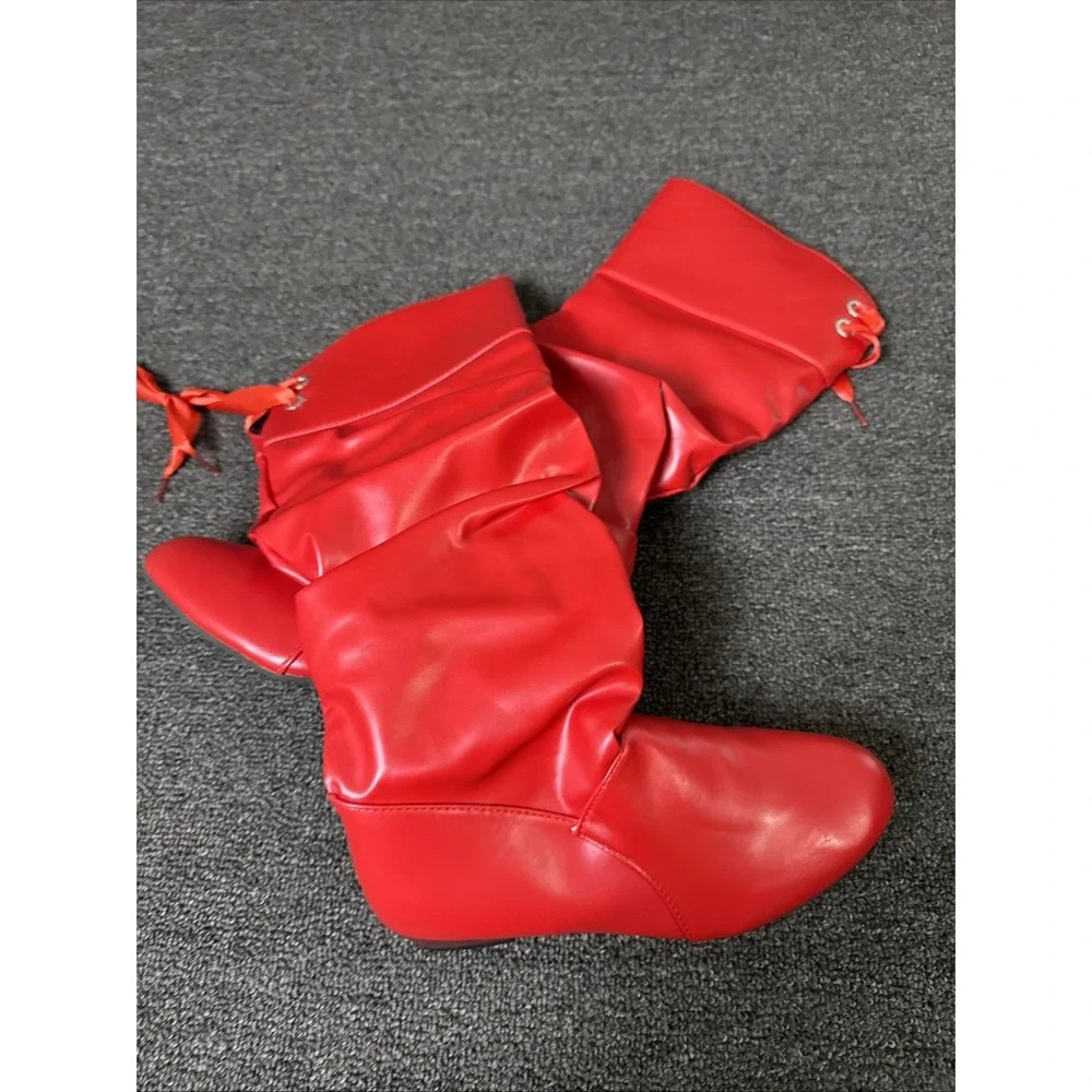 Women's Pull On Knee High Boots RED Shiny Faux Leather w/Decorative Ties 39 1109
